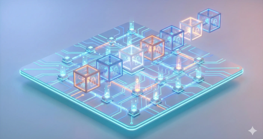 Ilustrasi jaringan blok terdesentralisasi yang menggambarkan konsep dasar teknologi dan mengenal apa itu blockchain