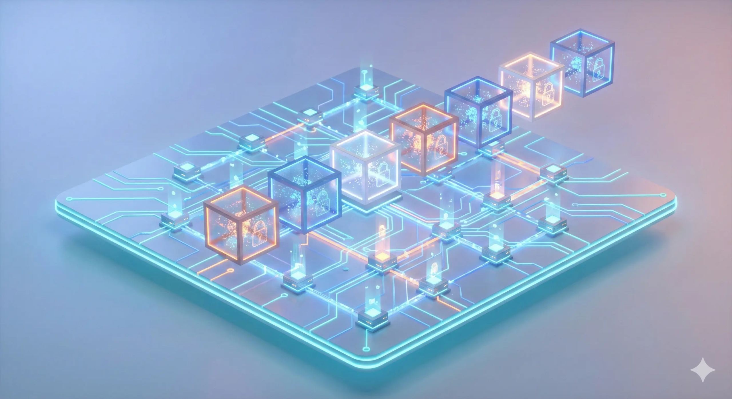 Ilustrasi jaringan blok terdesentralisasi yang menggambarkan konsep dasar teknologi dan mengenal apa itu blockchain