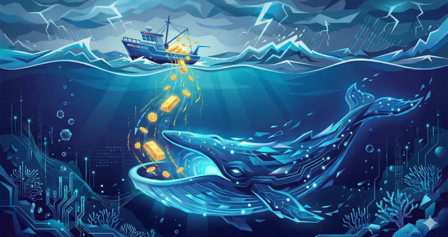 investor paus atau whale yang melakukan akumulasi pembelian bitcoin saat harga turun di level support sementara ritel panik