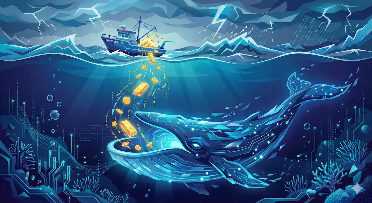 investor paus atau whale yang melakukan akumulasi pembelian bitcoin saat harga turun di level support sementara ritel panik