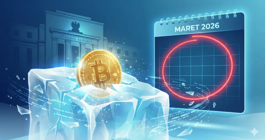 Koin bitcoin yang membeku melambangkan potensi koreksi pasar atau musim dingin kripto hingga bulan maret 2026