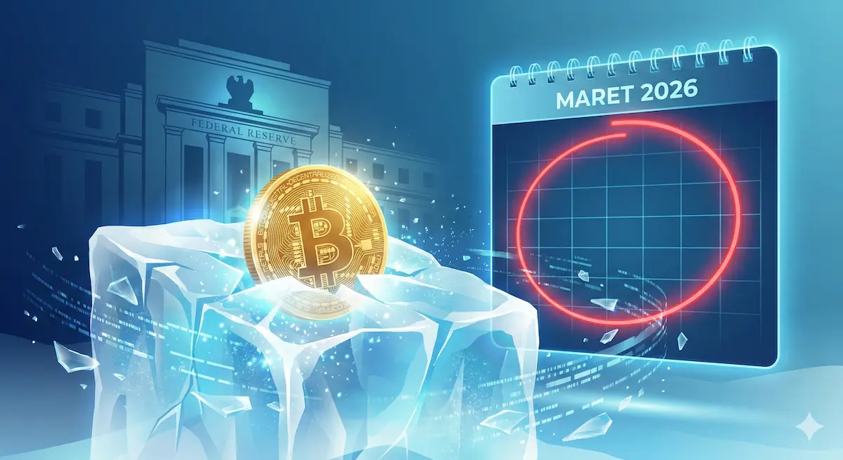 Koin bitcoin yang membeku melambangkan potensi koreksi pasar atau musim dingin kripto hingga bulan maret 2026